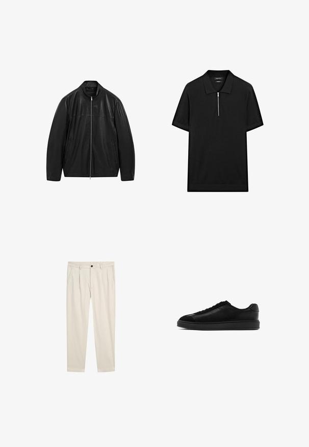 Czarna skórzana kurtka na zamek z stojącym kołnierzem i dwiema przednimi kieszeniami, zaprojektowana z gładkimi i matowymi panelami skórzanymi.; Czarna koszulka polo z krótkim rękawem, z kołnierzykiem stójkowym i zamkiem błyskawicznym z przodu. Wykonana z gładkiego materiału o czystym, minimalistycznym designie.; Jasno beżowe spodnie o luźnym kroju, z dwoma bocznymi kieszeniami, pojedynczym zapięciem na guzik oraz gładką, miękką teksturą z mieszanki bawełny.; Czarne skórzane trampki o gładkim wykończeniu, okrągłym nosku, z sznurowanym przodem i kontrastującym teksturowanym językiem. Gruba czarna gumowa podeszwa.