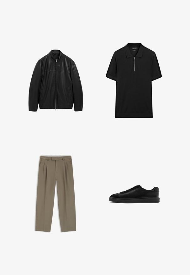 Černá kožená bunda na zip s stojáčkovým límcem a dvěma předními bočními kapsami, navržená s hladkými a matnými koženými panely.; Černé polo tričko s krátkým rukávem, stojatým límečkem a předním zipem. Vyrobeno z hladké tkaniny s čistým, minimalistickým designem.; Khaki plisované kalhoty s bočními kapsami, poutky na opasek a rovnými nohavicemi, vystavené na bílé pozadí.; Černé kožené tenisky s hladkým povrchem, kulatou špičkou, šněrováním na přední části a kontrastní texturovanou klopnou. Silná černá gumová podrážka.