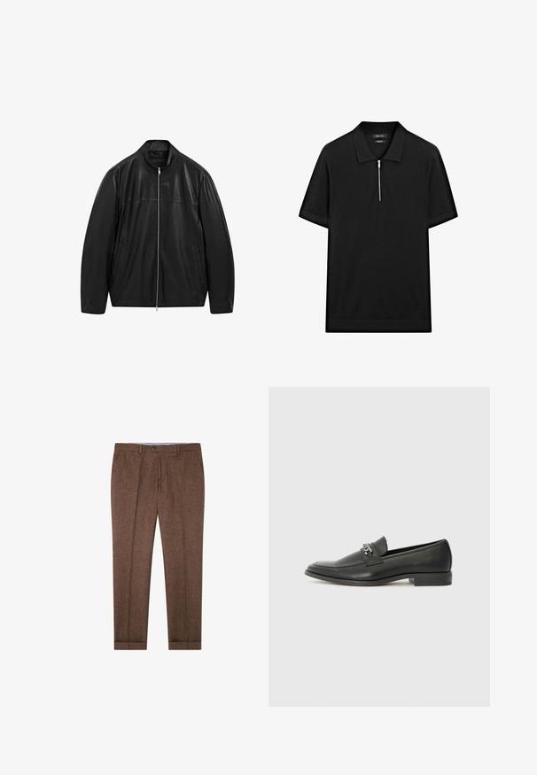 Veste en cuir noire zippée avec col montant et deux poches latérales, conçue avec des panneaux en cuir lisse et en cuir mat.; Polo-shirt noir à manches courtes avec col montant et fermeture éclair à l'avant. Fabriqué en tissu lisse avec un design épuré et minimaliste.; Pantalons taillés marron avec une texture subtile, des plis, une fermeture à bouton et des poignets au bas. Convient pour des occasions formelles ou semi-formelles.; Mocassin en cuir noir avec une finition lisse, présentant un design cousu et une accent décoratif en chaîne métallique sur le rand. Talon plat.