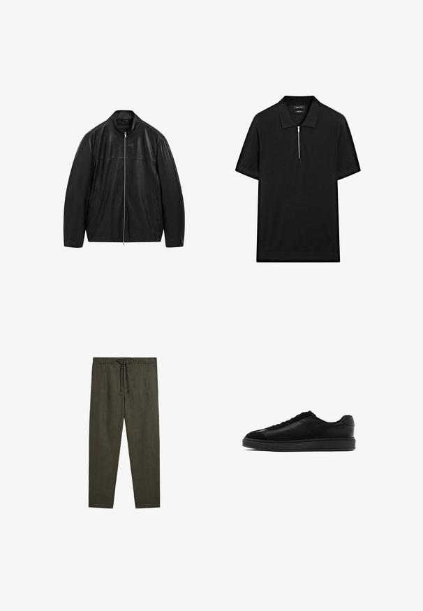 Zwarte leren jack met rits en staande kraag, voorzien van twee voorzakken, ontworpen met een combinatie van gladde en matte leren panelen.; Zwarte polo met korte mouwen, een staande kraag en een rits aan de voorkant. Gemaakt van een gladde stof met een schoon, minimalistisch ontwerp.; Massimo Dutti JOGGER FIT - Broek - dark green; Zwarte leren sneakers met een gladde afwerking, ronde neus, vetersluiting aan de voorkant en een contrasterende, gestructureerde tong. Dikke zwarte rubberen zool.