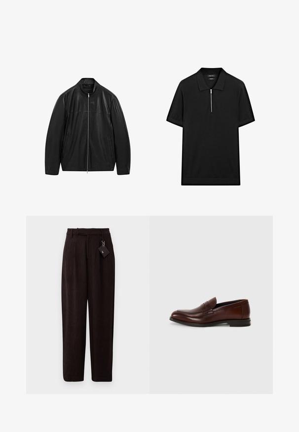 Schwarze Lederjacke mit Reißverschluss und Stehkragen, ausgestattet mit zwei Seitentaschen, gestaltet mit glattem und mattem Leder.; Schwarzes kurzärmliges Poloshirt mit Stehkragen und einem Reißverschluss vorne. Hergestellt aus einem glatten Stoff mit einem klaren, minimalistischen Design.; Dunkelbraune, strukturierte Hose mit lockerem Schnitt, mit einem gegurteten Bund und einem Anhänger, der durch eine Metallschlaufe befestigt ist. Flacher Bund und gerade Beine.; Braune Lederloafers mit runder Zehenform, einem vorderen Riemen-Detail und einem niedrigen, gestapelten Absatz. Glatte Textur mit minimalen dekorativen Akzenten.