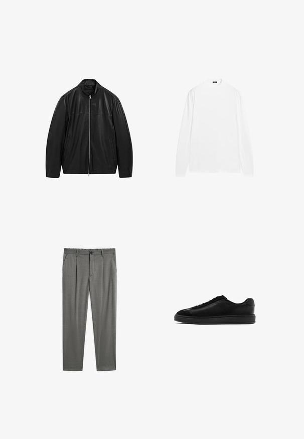Veste en cuir noire zippée avec col montant et deux poches latérales, conçue avec des panneaux en cuir lisse et en cuir mat.; Chemise blanche à manches longues avec encolure ronde, fabriquée en tissu de coton lisse. Présente des poignets côtelés et un ourlet droit, sans motifs visibles.; Pantalon gris avec une texture lisse, doté d'une fermeture à bouton, d'une taille élastique et de deux poches latérales. Design ajusté avec des plis.; Baskets en cuir noir avec une finition lisse, bout arrondi, lacets à l'avant et une languette texturée contrastante. Semelle en caoutchouc noir épaisse.
