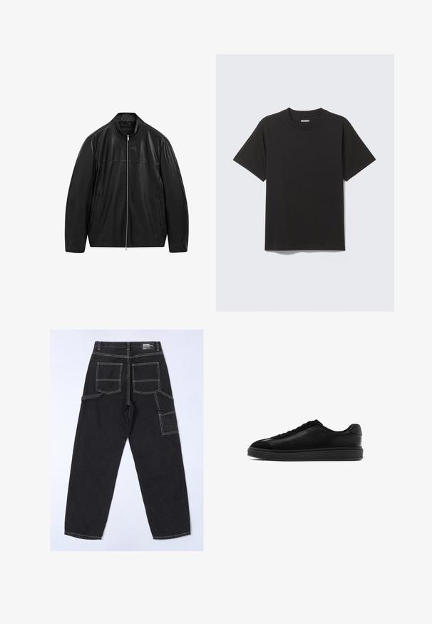 Giacca in pelle nera con zip e colletto alto, progettata con pannelli di pelle liscia e opaca e dotata di due tasche frontali laterali.; T-shirt nera a maniche corte in morbido cotone, con scollo rotondo e design semplice senza motivi o accenti.; Pantaloni in denim nero con una vestibilità rilassata, dotati di numerose tasche, cuciture visibili e un design a gamba dritta.; Sneaker in pelle nera con finitura liscia, punta rotonda, laccio frontale e linguetta testurizzata a contrasto. Suola in gomma nera spessa.