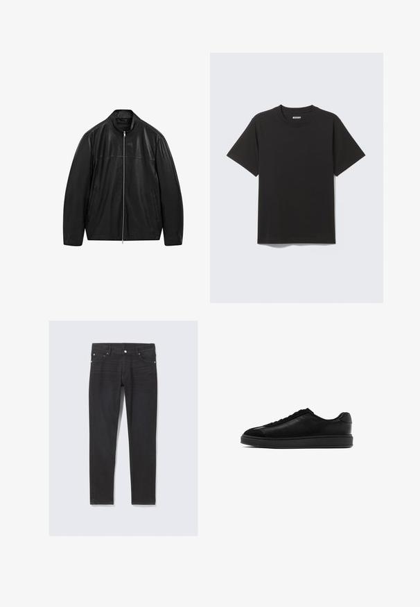 Black zip-up leather jacket with stand collar and two front side pockets, designed with smooth and matte leather paneling.; Black short-sleeve T-shirt made of soft cotton, featuring a round neckline and simple design without patterns or accents.; Black denim jeans with a slim fit, featuring front pockets, a button fly, and subtle stitching details along the side seams.; Black leather sneakers with a smooth finish, round toe, lace-up front, and a contrasting textured tongue. Thick black rubber sole.