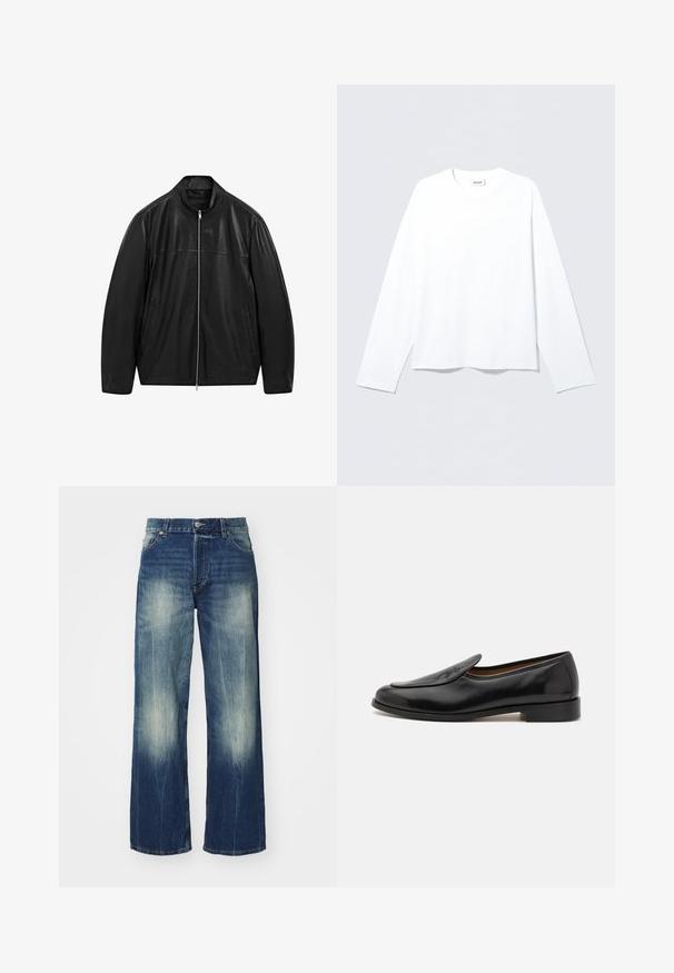 Veste en cuir noire zippée avec col montant et deux poches latérales, conçue avec des panneaux en cuir lisse et en cuir mat.; Chemise blanche à manches longues en tissu doux, avec un col rond et une coupe ample. Texture lisse sans motifs ni accents.; Weekday SPHERE LOW LOOSE - Jean large - gasoline blue; Mocassins en cuir noir avec une finition lisse, bout rond, petit talon et fentes sur les côtés pour un enfilage facile. Comprend un logo discret à l'avant.