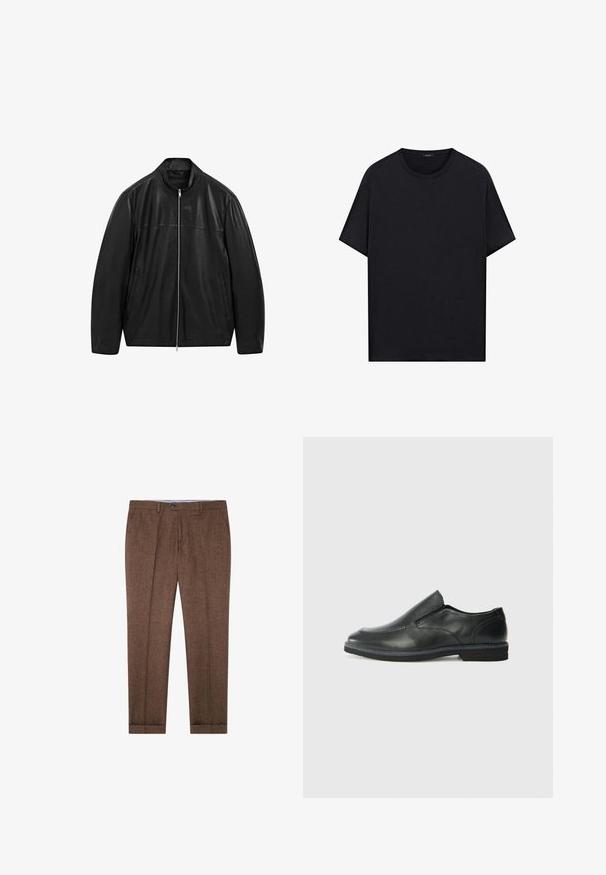 Giacca in pelle nera con zip e colletto alto, progettata con pannelli di pelle liscia e opaca e dotata di due tasche frontali laterali.; T-shirt nera a maniche corte con collo rotondo e orlo dritto, mostrata piatta su uno sfondo bianco.; Pantaloni marroni su misura con una texture delicata, pieghe, chiusura con bottone e risvolti sul fondo. Adatti per abbigliamento formale o semi-formale.; Scarpa nera in pelle con inserto scivolare, superiore liscio, dettagli cuciti, punta arrotondata e tacco in gomma basso. La suola presenta un battistrada minimale.