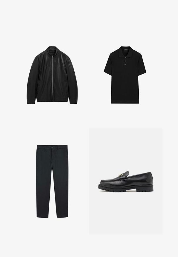 Black zip-up leather jacket with stand collar and two front side pockets, designed with smooth and matte leather paneling.; Black polo shirt with a ribbed texture, short sleeves, a flat collar, and three-button placket. Simple and classic design.; Black trousers with a straight leg design, made of smooth fabric. Features two front pockets and a button closure at the waist.; Black leather loafers with a smooth finish, round toe, a decorative strap with gold hardware, and a rugged black sole.