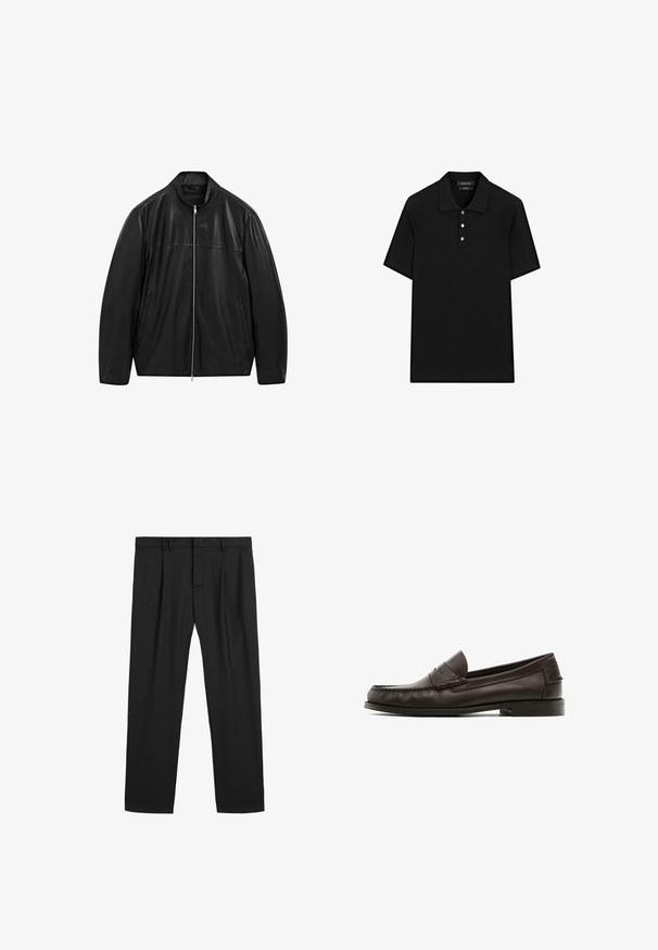 Schwarze Lederjacke mit Reißverschluss und Stehkragen, ausgestattet mit zwei Seitentaschen, gestaltet mit glattem und mattem Leder.; Schwarzes Polohemd mit gerippter Textur, kurzen Ärmeln, einem flachen Kragen und einer Drei-Knopf-Leiste. Einfaches und klassisches Design.; Schwarze plissierte Hose aus einem glatten Stoff, mit einem traditionellen Bund und geradem Bein. Keine sichtbaren Muster oder Metallteile.; Braune Leder-Loafers mit glatter Textur, dekorativer Naht, flachem Absatz und einem runden Zehendesign.