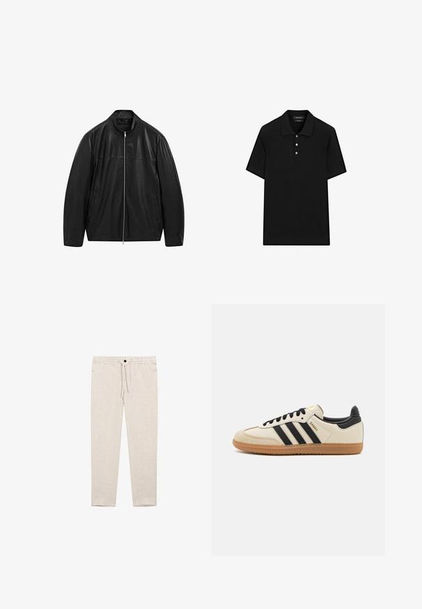 Black zip-up leather jacket with stand collar and two front side pockets, designed with smooth and matte leather paneling.; Black polo shirt with a ribbed texture, short sleeves, a flat collar, and three-button placket. Simple and classic design.; Massimo Dutti TOTAL LOOK - Chinos - beige; Beige athletic shoe with black stripes, gum rubber outsole, and black accents. Features a smooth leather upper and a rounded toe design.