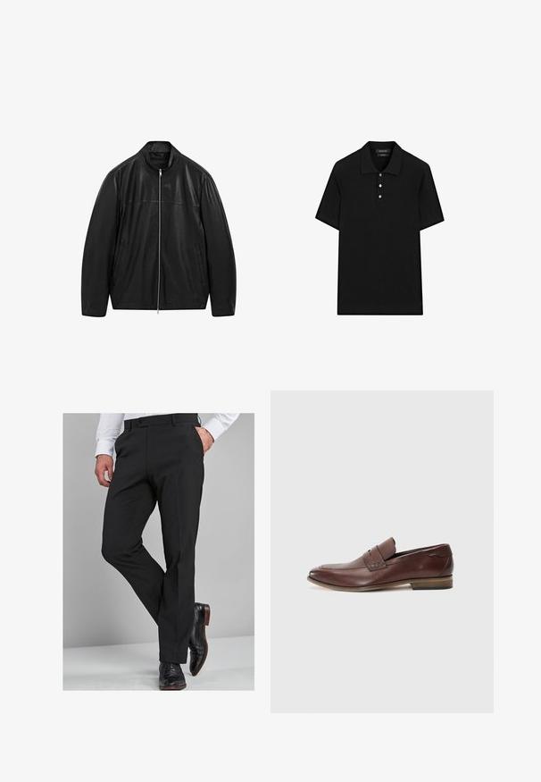 Giacca in pelle nera con zip e colletto alto, progettata con pannelli di pelle liscia e opaca e dotata di due tasche frontali laterali.; Polo shirt nera con texture a coste, maniche corte, colletto piatto e patta con tre bottoni. Design semplice e classico.; Pantaloni neri da cerimonia con una vestibilità su misura, caratterizzati da una texture liscia, gambe dritte e passanti per cintura, abbinati a scarpe eleganti nere lucide.; Scarpa slip-on in pelle marrone con pannello testurizzato, punta leggermente appuntita e tacco basso. Include cuciture decorative.