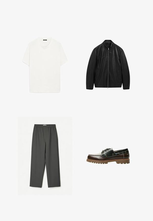 Giacca in pelle nera con zip e colletto alto, progettata con pannelli di pelle liscia e opaca e dotata di due tasche frontali laterali.; T-shirt bianco a maniche corte, colletto girocollo, texture morbida, linea dritta, design minimal, senza motivi o accenti visibili.; Pantaloni larghi a vita alta di colore grigio scuro realizzati in tessuto leggero. Vita elasticizzata, senza motivi visibili e con tasche laterali.; Scarpa da barca in pelle marrone e nera con lacci, cuciture a contrasto e suola in gomma texturizzata. Presenta occhielli in metallo e punta arrotondata.