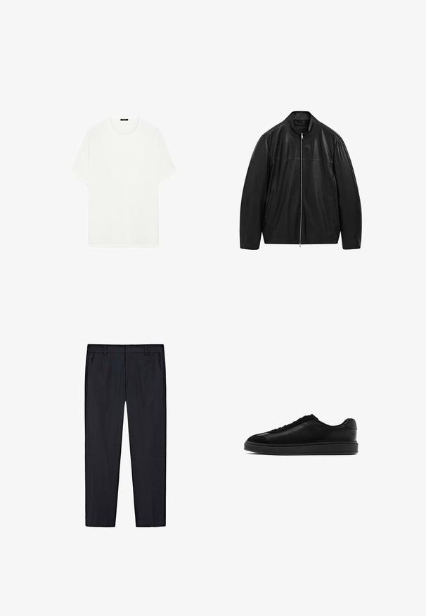 Sort zip-up læderjakke med opretstående krave og to forreste sidelommer, designet med glat og mat læderpaneler.; Hvid kortærmet t-shirt lavet af blødt stof. Har en klassisk rund halsudskæring og en lige pasform, uden synlige mønstre eller accenter.; Sorte lige bukser med elastisk talje, bæltestropper og sidelommer, præsenteret fladt på hvid baggrund.; Sorte lædersneakers med en glat overflade, rund tå, snørebånd foran og en kontrasterende tekstureret tunge. Tykk sort gummisål.