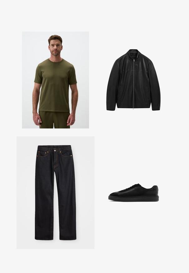 Zwarte leren jack met rits en staande kraag, voorzien van twee voorzakken, ontworpen met een combinatie van gladde en matte leren panelen.; Olijfgroene t-shirt met korte mouwen en ronde hals in zachte stof, met een getailleerd ontwerp, gladde naden en een rechte zoom.; Heren straight-leg zwarte denim jeans met vijf zakken en oranje stiksels, knoop- en ritssluiting op de voorkant van de tailleband.; Zwarte leren sneakers met een gladde afwerking, ronde neus, vetersluiting aan de voorkant en een contrasterende, gestructureerde tong. Dikke zwarte rubberen zool.
