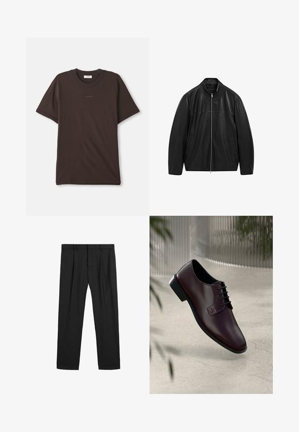 Giacca in pelle nera con zip e colletto alto, progettata con pannelli di pelle liscia e opaca e dotata di due tasche frontali laterali.; T-shirt a maniche corte color marrone scuro, girocollo, con il logo "SANDRO" centrato sul petto e un'etichetta all'interno del collo.; Pantaloni neri plissettati realizzati in un tessuto liscio, con una vita tradizionale e un design a gamba dritta. Nessun motivo visibile o elementi in metallo.; Scarpa in pelle bordeaux con finitura liscia, punta arrotondata e allacciatura nera. Presenta un piccolo logo sul lato e una suola nera robusta.