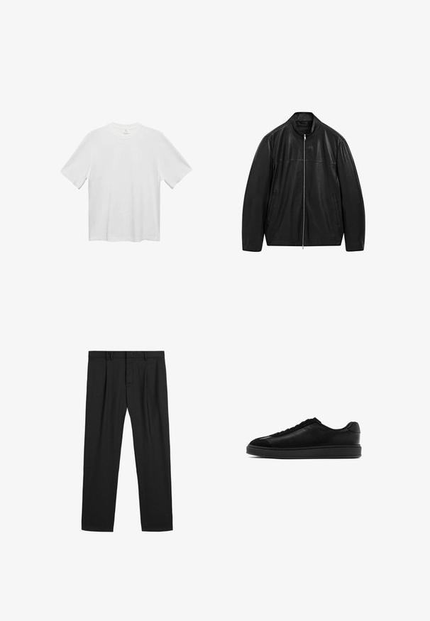Czarna skórzana kurtka na zamek z stojącym kołnierzem i dwiema przednimi kieszeniami, zaprojektowana z gładkimi i matowymi panelami skórzanymi.; Biała bawełniana koszulka z okrągłym dekoltem, krótkimi rękawami i luźnym krojem. Gładka tekstura, bez wzorów czy akcentów. Prosty, klasyczny design.; Czarne plisowane spodnie wykonane z gładkiego materiału, z tradycyjnym pasem w talii i prostymi nogawkami. Brak widocznych wzorów lub okucia.; Czarne skórzane trampki o gładkim wykończeniu, okrągłym nosku, z sznurowanym przodem i kontrastującym teksturowanym językiem. Gruba czarna gumowa podeszwa.
