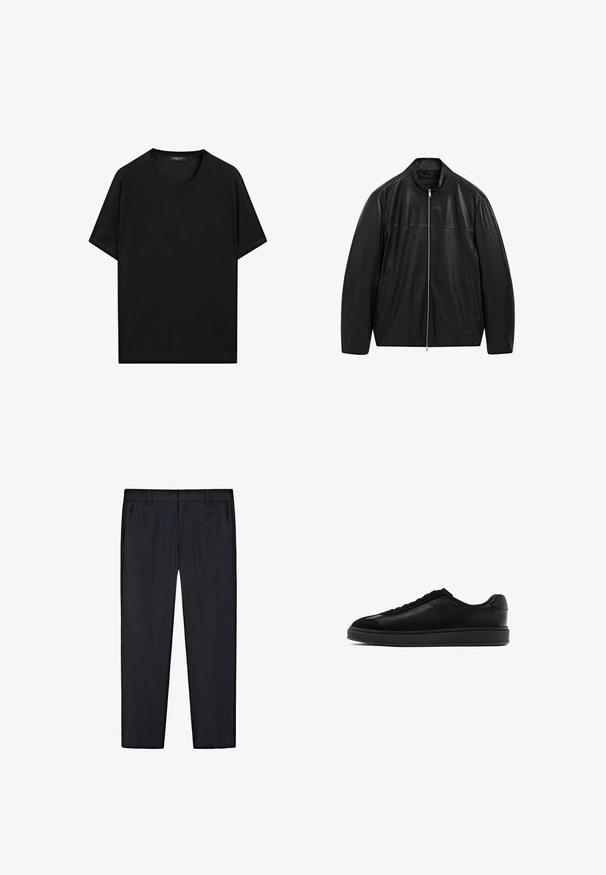 Black zip-up leather jacket with stand collar and two front side pockets, designed with smooth and matte leather paneling.; Black short-sleeve t-shirt made of smooth cotton. Features a crew neck and a straight hem. Simple, solid design without patterns or accents.; Black straight-leg pants with elastic waistband, belt loops, and side pockets, displayed flat on white background.; Black leather sneakers with a smooth finish, round toe, lace-up front, and a contrasting textured tongue. Thick black rubber sole.