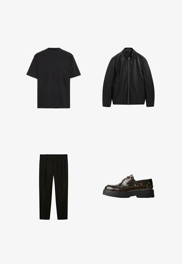 Svart läderjacka med dragkedja och ståkrage samt två sidofickor framtill, designad med släta och matta läderpaneler.; Svart bomullströja, korta ärmar, rund halsringning, lättviktig, lös passform, slät textur, inga synliga mönster eller detaljer.; Svarta skräddarsydda byxor i ett mjukt tyg. Funktioner inkluderar slät framdel, vida ben och en knappstängning i midjan.; Brun läderskon i båtmodell med gummisula, prydd med stickningsdetaljer, metallöglor och snörningsdesign. Kraftig och lätt konstruktion.