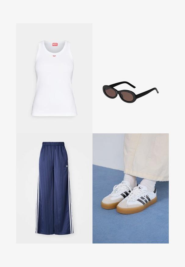 Framifrån av en grå, lättviktsjacka med en mörkbrun krage, tryckknappar och två stora framfickor. Slät textur, avslappnad design.; Vit topp av bomull, med rund halsringning, slim fit och en liten röd Diesel-logotyp på bröstet. Slät textur.; Mörkblå byxor med vida ben och vertikala vita ränder, elastisk midja och tre vita ränder längs varje sida, tillverkade av ett lätt material.; Vita sneakers med svarta ränder och beige mockadetaljer. Har en texturerad gummisul och platta vita skosnören, bärs med ljusa strumpor.; Svarta ovala solglasögon med bruna tonade linser. Har tjocka plastbågar och slanka, krökta skalmar. Slät yta genomgående.