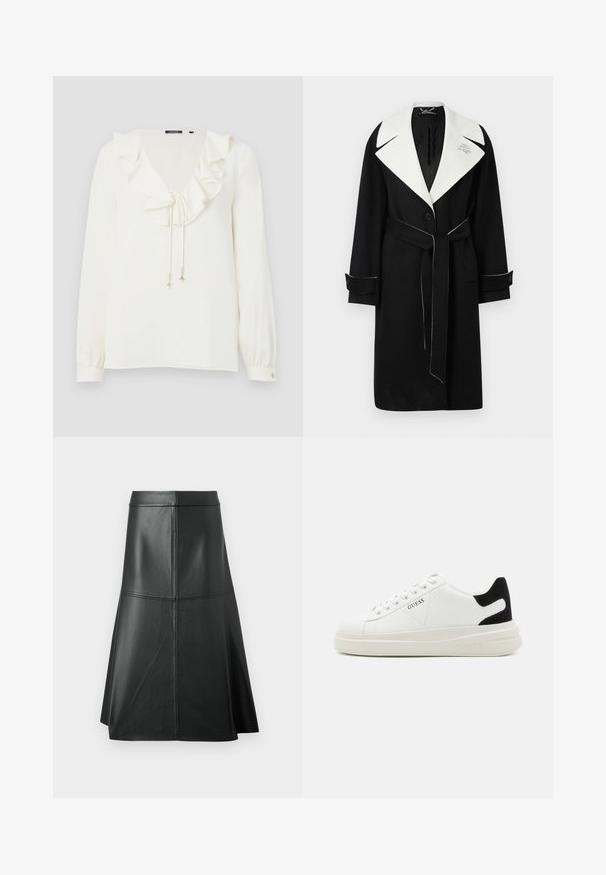 Black wool coat with a white wide collar, belted waist, front buttons, and contrasting white stitching on cuffs and hem.; White blouse with a V-neck, ruffled collar, and drawstring ties with silver accents; long sleeves with buttoned cuffs. Soft fabric texture.; Black leather A-line skirt, smooth texture, mid-calf length, features horizontal stitching detail at the waist and seams for added structure.; White leather sneakers with a thick white sole, black suede heel accent, and embossed logo on the side. Laced design with six eyelets.