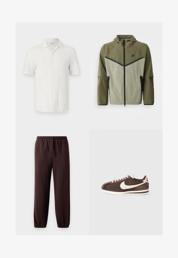 Men's Nike jacket in olive green and light gray, featuring a zip closure, hood, and black accents. Made of lightweight, textured fabric.; Short-sleeve shirt in textured white fabric, featuring a spread collar, button front, and subtle wavy pattern across the surface.; Brown jogger pants with a drawstring waist, elastic cuffs, and smooth cotton material. Features a relaxed fit and minimal design.; Brown sneaker featuring a mix of suede and canvas materials, with a white Nike swoosh logo and a textured rubber outsole.
