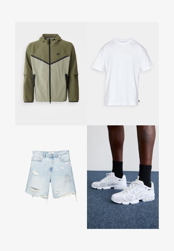 Moška Nike jakna v olivno zeleni in svetlo sivi barvi, s fermoarjem, kapuco in črnimi detajli. Narejena je iz lahkega, teksturiranega materiala.; Bela bomba iz bombaža s kratkimi rokavi in okroglo ovratnikom. Ima majhen, diskreten Nike logotip na prsih in stranski etiket.; Svijetloplave traper kratke hlače s ispucalim detaljima, strgano rubno završavanje, pet džepova, metalno dugme za zatvaranje i petlje za remen. Opušteni, ležeran kroj.; Bela športna obutev z mrežasto zgornjim delom, teksturiranimi detajli in oblazinjenim podplatom. V kombinaciji s črnimi rebrastimi gležnjarji na modri preprogi.