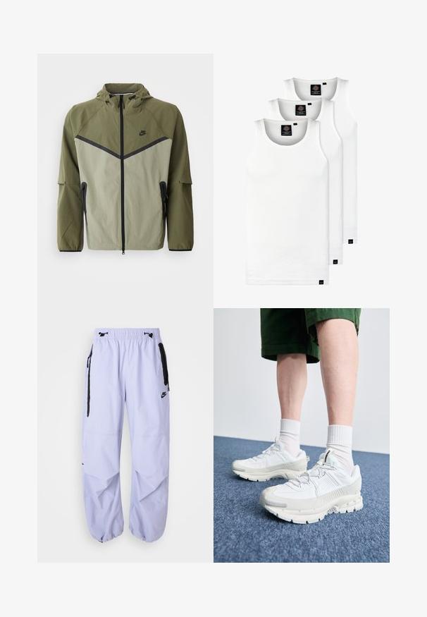 Chaqueta Nike para hombre en verde oliva y gris claro, con cierre de cremallera, capucha y acentos en negro. Confeccionada en un tejido ligero y texturizado.; Tres camisetas sin mangas de algodón de color blanco con canalé. Cuentan con cuello redondo y pequeñas etiquetas negras cerca del dobladillo. Disponibles en múltiples tamaños.; Pantalones Nike en lila claro con cintura elástica, bolsillos laterales con cremallera y acentos en negro. La tela tiene una textura suave y un corte holgado.; Zapatillas deportivas blancas con superposiciones texturizadas, una suela gruesa y acentos grises. Llevadas con calcetines blancos hasta la pantorrilla y pantalones cortos verdes sobre una superficie azul.