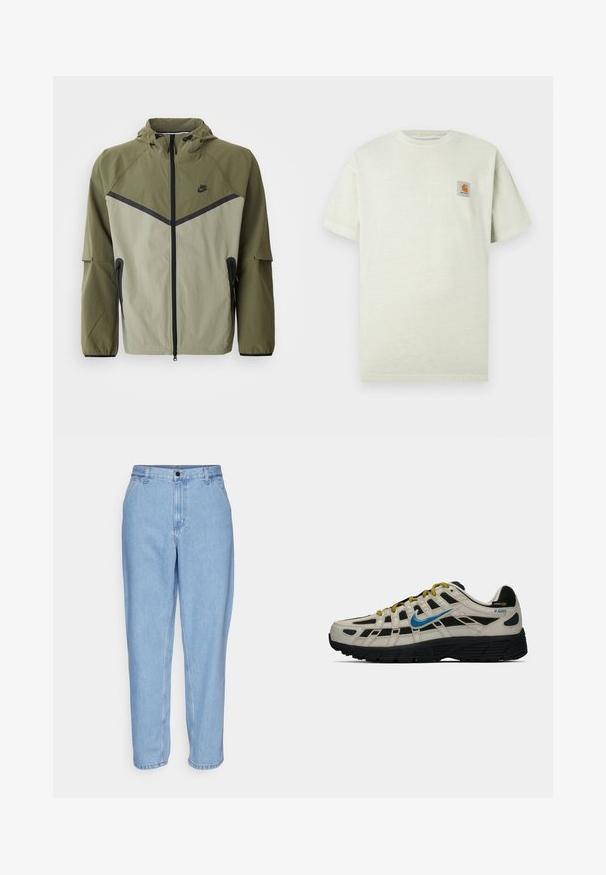 Casaco masculino Nike em verde oliva e cinza claro, com fecho de zip, capuz e detalhes em preto. Feito de tecido leve e texturizado.; T-shirt de algodão verde claro com mangas curtas, decote redondo e um pequeno retângulo com um logótipo no lado esquerdo do peito. Textura suave.; Jeans de ganga azul claro com um corte descontraído, cintura alta e pernas retas. Apresenta bolsos frontais e fecho com botão de metal.; Sapatilha Nike P-6000 em bege e preto com swoosh azul, atacadores amarelos, sola preta e etiqueta de tecido Cordura no calcanhar.