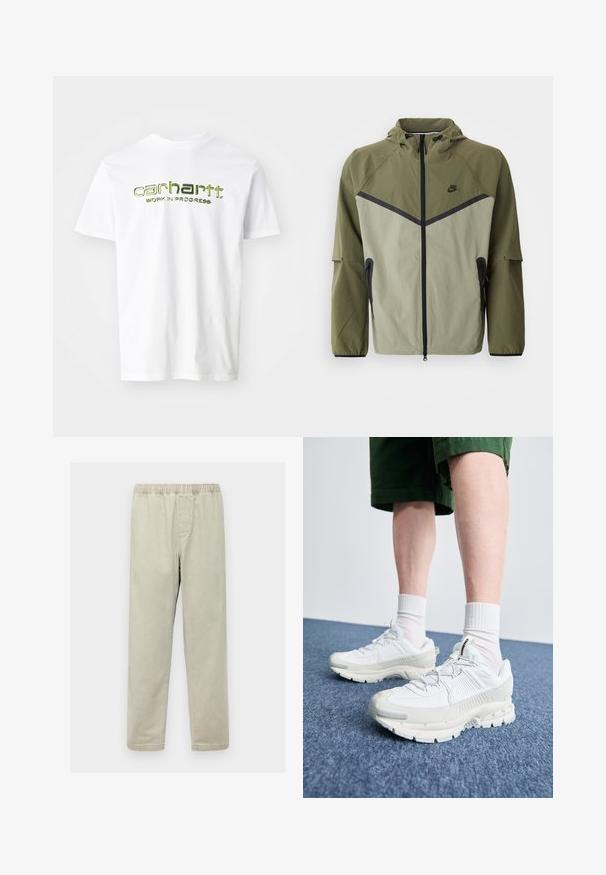 Herren Nike-Jacke in Olivgrün und Hellgrau, mit Reißverschluss, Kapuze und schwarzen Akzenten. Hergestellt aus leichtem, strukturiertem Stoff.; Weißes Baumwoll-T-Shirt mit grünem Aufdruck "carhartt. WORK IN PROGRESS" über der Brust. Kurze Ärmel und klassischer Rundhals-Ausschnitt.; Hellbeige Stretchhosen mit einem elastischen Bund, geraden Beinen, seitlichen Taschen und einer weichen, glatten Stoffoberfläche.; Weiße Sportschuhe mit strukturierten Überzügen, einer dicken Sohle und grauen Akzenten. Tragen mit weißen Crew-Socken und grünen Shorts auf einer blauen Oberfläche.