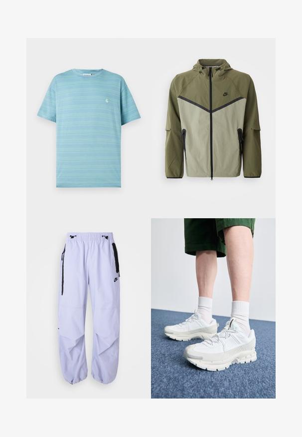 Pánská Nike bunda v olivově zelené a světle šedé barvě, s zipovým uzávěrem, kapucí a černými akcenty. Vyrobena z lehkého, strukturovaného materiálu.; Světle modré tričko s krátkým rukávem, s vodorovnými pruhy a malým logem na hrudi. Vyrobeno z měkké látky s volným střihem.; Světle fialové kalhoty Nike s elastickým pasem, bočními zipovými kapsami a černými akcenty. Tkanina má hladkou strukturu a volný střih.; Bílé sportovní boty s texturovanými překryvy, masivní podrážkou a šedými akcenty. Na nohou mají bílé ponožky a zelené šortky na modrém povrchu.
