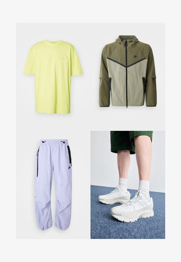 Herre Nike jakke i olivengrøn og lys grå, med lynlås, hætte og sorte detaljer. Lavet af letvægts, tekstureret stof.; Kortærmet t-shirt i lys gul bomuld med rund halsudskæring og et diskret logo på venstre bryst. Glat tekstur, afslappet pasform.; Lyse lilac Nike bukser med elastisk talje, sidelommer med lynlås og sorte detaljer. Stoffet har en glat tekstur med en løs pasform.; Hvide atletiske sko med teksturerede overlays, en chunky sål og grå accenter. Båret med hvide ankelstrømper og grønne shorts på en blå overflade.
