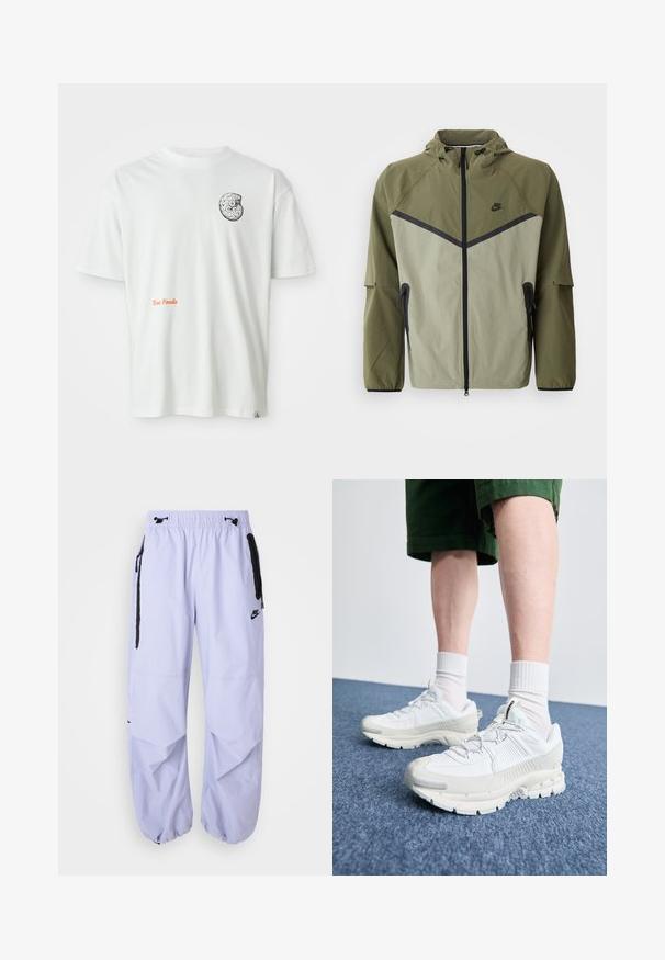 Men's Nike jacket in olive green and light gray, featuring a zip closure, hood, and black accents. Made of lightweight, textured fabric.; White short-sleeve t-shirt with a black and white abstract fossil design on the left chest and orange text "Texas Fossils" on the front.; Light lilac Nike pants featuring an elastic waistband, side zip pockets, and black accents. Fabric has a smooth texture with a loose fit.; White athletic shoes with textured overlays, a chunky sole, and gray accents. Worn with white crew socks and green shorts on a blue surface.