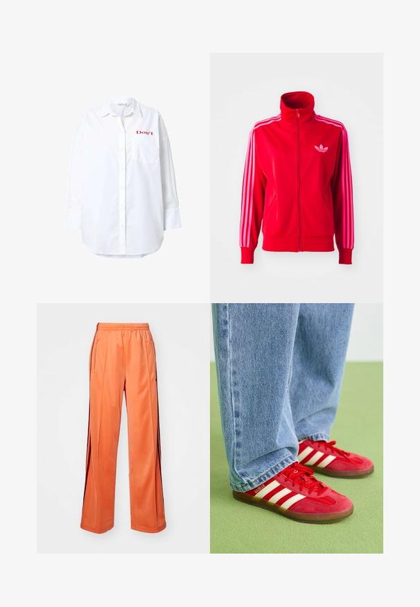 Giacca sportiva rossa realizzata in tessuto liscio, con colletto alto, zip intera e tre strisce rosa lungo ciascun manica. Piccolo logo sul petto.; Camicia bianca a maniche lunghe in cotone, con design a bottoni, taschino sul petto e la scritta rossa "Don't" ricamata in alto a sinistra.; Pantaloni sportivi arancioni realizzati in tessuto morbido, con design a gamba larga, vita elasticizzata e strisce laterali a contrasto.; Sneakers in suede rosso con tre strisce bianche, punta rotonda e suola testurizzata, abbinati a jeans in denim blu chiaro su uno sfondo verde.