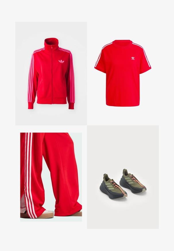 Raudona sportinė striukė, pagaminta iš lygaus audinio, turi aukštą apykaklę, visą užtrauktuką ir tris rožines juosteles kiekvienoje rankovėje. Mažas logotipas ant krūtinės.; Raudona medvilninė marškinė su apvaliūniais iškirpėmis, trumpomis rankovėmis, baltomis trimis juostomis ant pečių ir mažyčiu baltu logotipu ant krūtinės.; Raudoni sportiniai kelnių su baltais juostelėmis šoninėse dalyse, laisvo kirpimo ir su užtrauktuku apatinėje dalyje. Dėvimi su šviesių spalvų sportiniais batais.; Alyvuogių spalvos sportiniai bateliai su juodais akcentais, storais padais ir oranžinėmis raištelėmis. Šone turi tris žalias juosteles ir guminius padus su tekstūra.