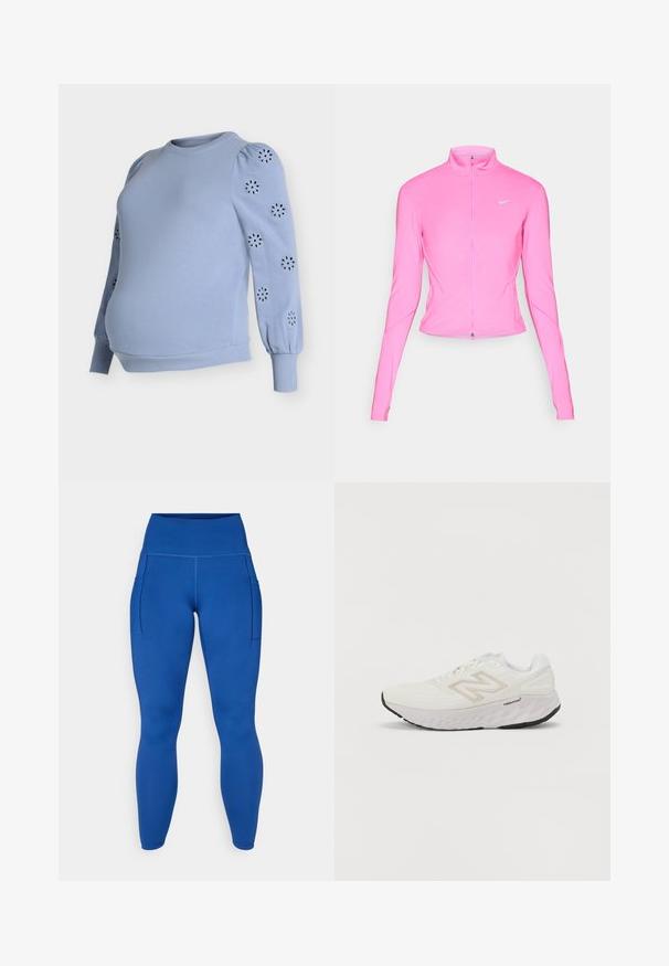 Pink athletic jacket with a stand-up collar, long sleeves, and a front zipper. Features a small silver logo on the left chest. Smooth texture.; Light blue maternity sweatshirt with puff sleeves, features floral cut-out patterns on sleeves, made of soft cotton blend, ribbed hem.; High-waisted blue leggings with a smooth, stretchy fabric, featuring side pockets and flat seams for added comfort and style.; White athletic shoe with mesh upper, padded collar, and a thick, textured sole. Features a light grey accent and the "New Balance" logo on the side.