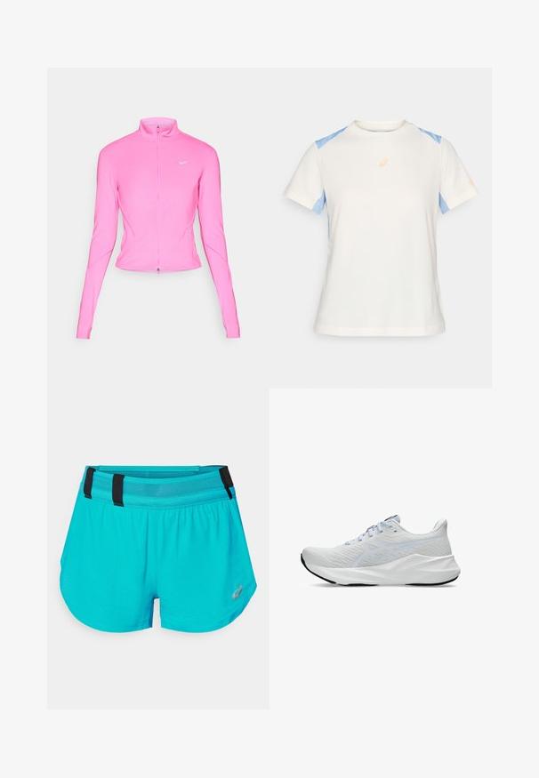 Roze sportjack met een opstaande kraag, lange mouwen en een ritssluiting aan de voorkant. Bevat een klein zilveren logo op de linkerborst. Zorgt voor een soepele textuur.; Lichte korte mouwen t-shirt in crème met blauwe schouderpanelen. Heeft een oranje logo op de borst en contrasterende stikseldetails.; ASICS METARUN SPLIT SHORT - Korte broeken - wave teal; Witte sportieve sneakers met een ademende mesh bovenkant, lichtblauwe accenten, vetersluiting, opvallend logo-detail en een gestructureerde zool voor grip.