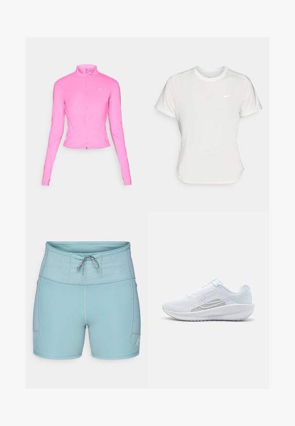Pink athletic jacket with a stand-up collar, long sleeves, and a front zipper. Features a small silver logo on the left chest. Smooth texture.; Nike T-shirt in white, short sleeves, round neckline, made from a smooth, lightweight fabric. Features a subtle logo on the chest.; Light blue athletic shorts with a wide elastic waistband, drawstring, and side pockets. Smooth fabric with flatlock seams for comfort.; White athletic shoe with mesh upper, rounded toe, and textured sole. Features a silver Nike swoosh and minimalistic design.