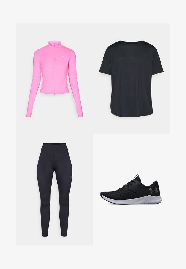 Jachetă sport roz cu guler înalt, mâneci lungi și fermoar frontal. Prezintă un mic logo argintiu pe pieptul stâng. Textură netedă.; Tricou negru din material moale, cu guler rotund, mâneci scurte și o croială lejeră, având un tiv curbat. Design simplu, fără modele.; Leggings negre cu talie înaltă, fabricate dintr-un material elastic, cu o textură netedă și un logo mic pe piciorul inferior. Design ajustat.; Săndala sport neagră, cu o parte superioară din plasă, model texturat și accente argintii. Se caracterizează prin șireturi negre și o talpă intermediară albă, cu o talpă exterioară cu model.