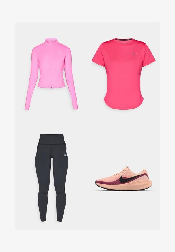 Rozā sporta jaka ar paceltu apkakli, gariem piedurknēm un priekšu ar rāvējslēdzēju. Uz kreisās krūtis ir neliela sudraba logo. Gluda tekstūra.; Īsām piedurknēm rozā sporta T-krekls, kas izgatavots no gludas, vieglas auduma. Tam ir mazs balts Nike logo uz krūts un diskrēts izliekts apakšmalas dizains.; Melnas augstās sportiskās legingi ar pieguļošu dizainu, gludu tekstūru un mazu balto logotipu kreisajā gurnā.; Nike skriešanas kurpes ar acu materiālu gaiši rozā krāsā ar gradienta bordo akcentiem, melnu swoosh un struktūru gumijas zoli.