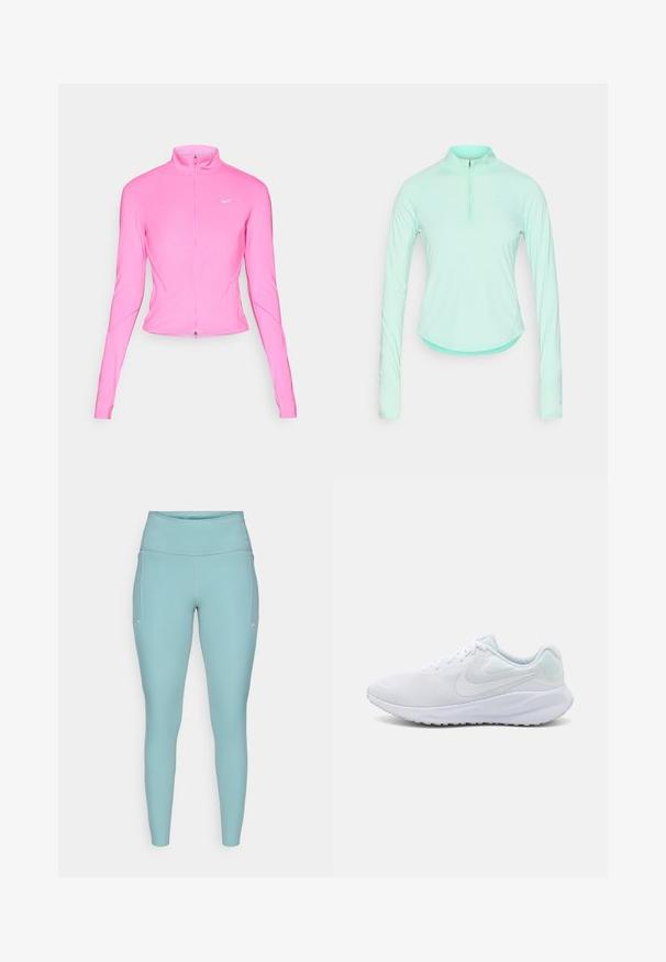 Roze sportjack met een opstaande kraag, lange mouwen en een ritssluiting aan de voorkant. Bevat een klein zilveren logo op de linkerborst. Zorgt voor een soepele textuur.; Mintgroene lange mouwen sportshirt met een ritskraag, met een getailleerd ontwerp en een gladde, lichte stof.; Lichtblauwe leggings gemaakt van rekbaar materiaal, met een hoge tailleband, een naadloos ontwerp en minimale witte accenten aan de zijkanten.; Witte sportschoenen met een mesh bovenkant, textuurontwerp, ronde neus, gevoerde kraag en lichtblauwe accenten op de hiel. Rubberen zool.