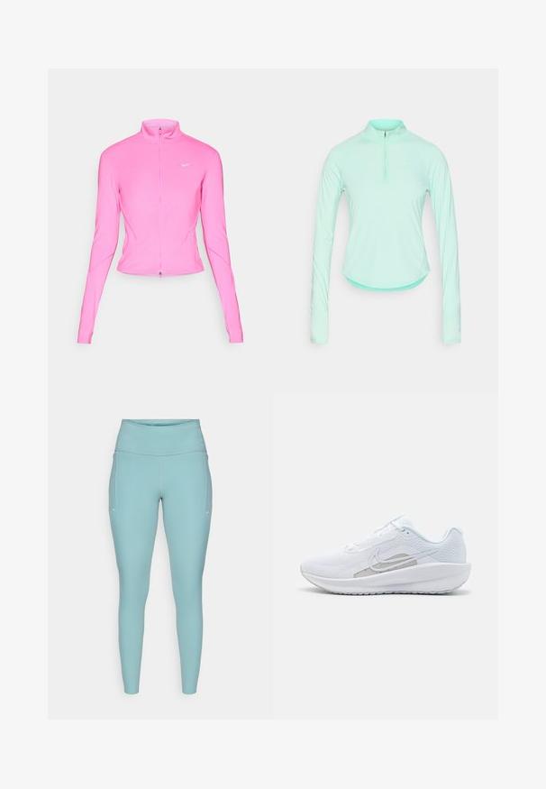 Veste de sport rose avec col montant, manches longues et fermeture éclair à l'avant. Présente un petit logo en argent sur la poitrine gauche. Texture lisse.; T-shirt de sport à manches longues vert menthe avec un col zippé, doté d'un design ajusté et d'un tissu lisse et léger.; Leggings bleu clair en matière extensible, dotés d'une taille haute, d'un design sans couture et de légères accents blancs sur les côtés.; Baskets blanches avec une tige en mesh, bout rond et semelle texturée. Présentent un swoosh Nike argenté et un design minimaliste.