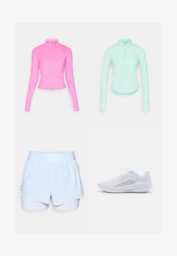 Ružová športová bunda s vysokým golierom, dlhými rukávmi a predným zipsom. Obsahuje malé strieborné logo na ľavom prsníku. Hladká textúra.; Mätovo zelené športové tričko s dlhým rukávom a zipsovým golierom, so priliehavým strihom a hladkým, ľahkým materiálom.; Svetlomodré športové šortky s vrstveným dizajnom, elastickým pásom a vnútornými šortkami. Na spodnej pravej strane sa nachádza logo Nike.; Biele atletické topánky s priedušným zvrškom, okrúhlym prstom a štruktúrovanou podrážkou. Obsahuje strieborný Nike swoosh a minimalistický dizajn.