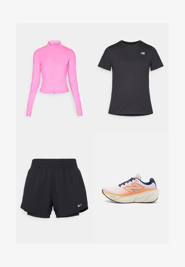 Pink athletic jacket with a stand-up collar, long sleeves, and a front zipper. Features a small silver logo on the left chest. Smooth texture.; Black short-sleeve t-shirt made of soft fabric, featuring a small gray New Balance logo on the upper left chest, classic crew neck design.; Black athletic shorts with a gathered elastic waistband, inner lining, and white Nike logo on the lower left side. Smooth, lightweight fabric.; Running shoe with a breathable light pink upper, orange accents, navy laces, and a cushioned white sole featuring textured patterns.