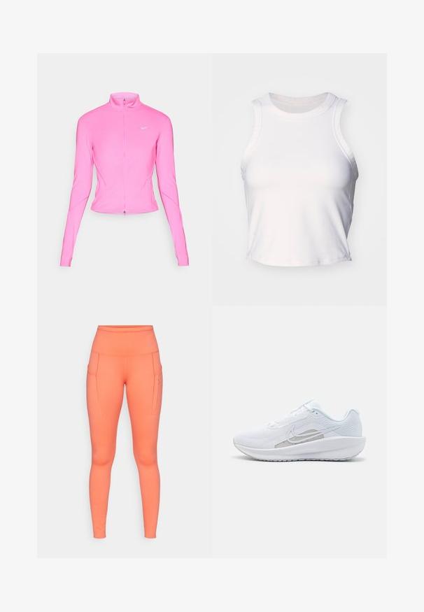Roza sportska jakna sa uspravnim ovratnikom, dugim rukavima i prednjim patentnim zatvaračem. Ima mali srebrni logo na lijevoj strani prsa. Glatka tekstura.; Bijela bezrukavna kratka majica napravljena od glatkog, rastezljivog materijala. Ima okrugli izrez i suptilne šavove duž ivica.; Visoke, uske tajice u jarkoj koraljnoj boji, s bočnim džepovima i kontrastnim šavovima za dodatne detalje. Izrađene su od rastezljivog materijala.; Bijela atletska cipela s mrežastom gornjom površinom, zaobljenim nožnim prstom i teksturiranim potplatom. Sadrži srebrni Nike swoosh i minimalistički dizajn.