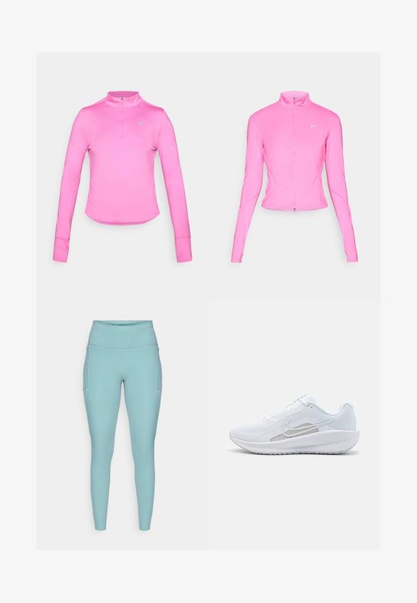 Roze sportjack met een opstaande kraag, lange mouwen en een ritssluiting aan de voorkant. Bevat een klein zilveren logo op de linkerborst. Zorgt voor een soepele textuur.; Mouwlange roze sporttop met een halve ritssluiting, nauwsluitende pasvorm, ronde zoom en reflecterend Nike-logo aan de bovenkant aan de linkerkant. Zacht, rekbaar materiaal.; Lichtblauwe leggings gemaakt van rekbaar materiaal, met een hoge tailleband, een naadloos ontwerp en minimale witte accenten aan de zijkanten.; Witte sportieve schoen met een bovenwerk van mesh, ronde neus en een textuurzool. Beschikt over een zilveren Nike swoosh en een minimalistisch ontwerp.