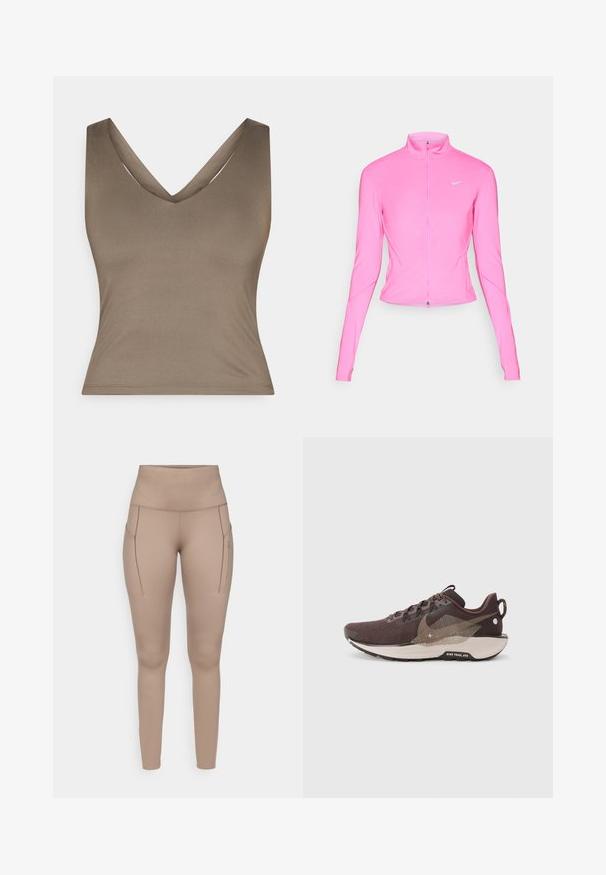 Roosa spordijakk, millel on püsti kaelus, pikad varrukad ja ees застежка. Vasakul rinnal on väike hõbedane logo. Sile tekstuur.; Pruun, käisevaba topp sügava V-kaelusega disainiga, valmistatud siledast kangast. Omab istuvat siluetti ja puhtaid, minimistlikke õmblusi.; Beige sportlikud legginsid kõrge vöökohaga, millel on kaks külgtaskut ja sile, veniv kangas. Diskreetne hall logo detail.; Tumedat pruunid jooksujalatsid, millel on tekstureeritud sisekujundus, kontrasteerivad heledamad pruunid aktsendid, segmenteeritud talla ja peegeldavad detailid.