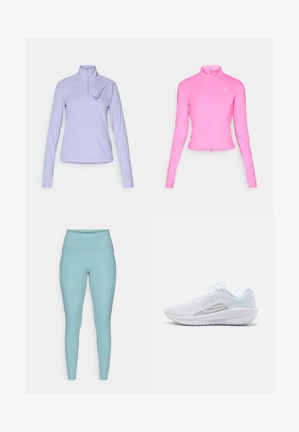 Ružová športová bunda s vysokým golierom, dlhými rukávmi a predným zipsom. Obsahuje malé strieborné logo na ľavom prsníku. Hladká textúra.; Fialový funkčný top s dlhým rukávom a polovičným zipsom s vyšitým logom. Hladká tkanina s priliehavým strihom a zakriveným lemom.; Svetlomodré legíny vyrobené z elastického materiálu, s vysokým pásom, bezšvovým dizajnom a minimálnymi bielymi akcentmi po stranách.; Biele atletické topánky s priedušným zvrškom, okrúhlym prstom a štruktúrovanou podrážkou. Obsahuje strieborný Nike swoosh a minimalistický dizajn.