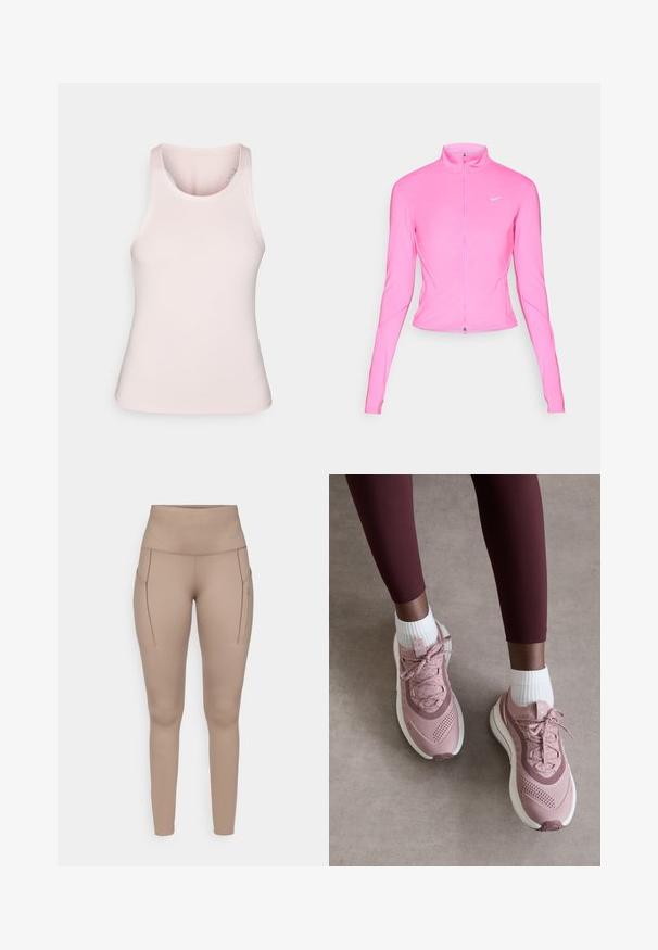 Roosa spordijakk, millel on püsti kaelus, pikad varrukad ja ees застежка. Vasakul rinnal on väike hõbedane logo. Sile tekstuur.; Heledad roosa sporditopp, mis on valmistatud siledast ja venivast kangast; ümmargune kaelus ja võidusõidu seljaosa disain, ilma täiendavate mustrite või aktsendita.; Beige sportlikud legginsid kõrge vöökohaga, millel on kaks külgtaskut ja sile, veniv kangas. Diskreetne hall logo detail.; Heledad roosa sportjalatsid tekstureeritud sissetõmbejõu ülaservaga, paelte sulgemine ja valge tallaga. Kanda valgete sokkidega, koos bordoopunase retuusiga.