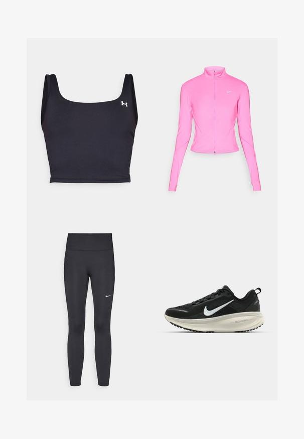 Casaco desportivo rosa com gola alta, mangas longas e fecho à frente. Apresenta um pequeno logo prateado no lado esquerdo do peito. Textura suave.; Top desportivo preto, feito de material suave, com decote quadrado e alças largas. Inclui um pequeno logotipo branco na lateral.; Leggings pretos feitos de tecido elástico, com uma cintura alta e um logo branco da Nike na coxa esquerda. Textura suave, design ajustado ao corpo.; Sapatilha de corrida Nike preta com parte superior de malha respirável, logotipo Swoosh branco, detalhes texturizados e uma entressola ZoomX na cor creme.