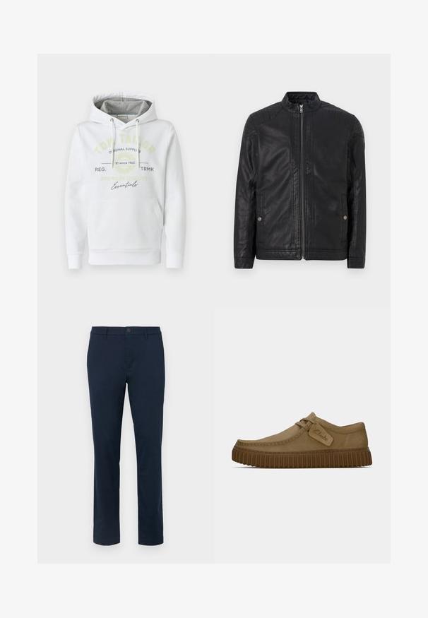 Sort læderjakke med høj krave, lodrette lynlåse, kviltede skulderdetaljer og sidelommer. Glat, mat tekstur.; Hvid hættetrøje lavet af blødt stof med en frontlomme, har en gråforet hætte og trykt mærkelogo i grøn og sort.; Hvid bomulds t-shirt med rund halsudskæring og korte ærmer. Har blå og sort trykt tekst: "TOM TAILOR," "STREETS OF HAVANA," og tal.; Mørk navy chinos lavet af glat stof. Lige ben design med en enkelt knappelukning og bæltestropper. Ingen synlige mønstre eller accenter.; Lysebrune ruskindsko med rund tå, syet detaljer og en ribbet brun gummisål. Har et sidemærke med "Clarks" logo.