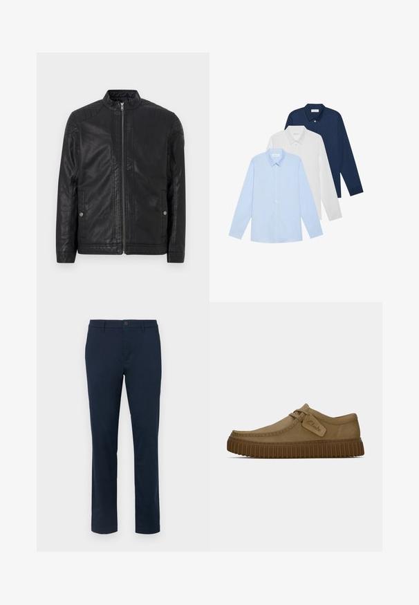 Czarna skórzana kurtka z wysokim kołnierzem, pionowymi zamkami, pikowanymi akcentami na ramionach oraz bocznymi kieszeniami. Gładka, matowa faktura.; Trzy koszule z długim rękawem: jasnoniebieska, biała i granatowa. Wszystkie mają klasyczny kołnierzyk i zapięcie na guziki, wykonane z gładkiego materiału.; Ciemnoniebieskie chinosy wykonane z gładkiego materiału. Prosty krój nogawki z jednym zapięciem na guzik i szlufkami na pasek. Brak widocznych wzorów lub akcentów.; Jasnobrązowe zamszowe buty z okrągłym noskiem, z przeszyciami i brązową gumową podeszwą o żebrowanej fakturze. Posiadają boczną metkę z logo "Clarks".